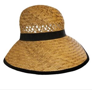 Vivian Collection Tan Weave Wide Brim Straw Sun Hat Black Ribbon Trim OSFM